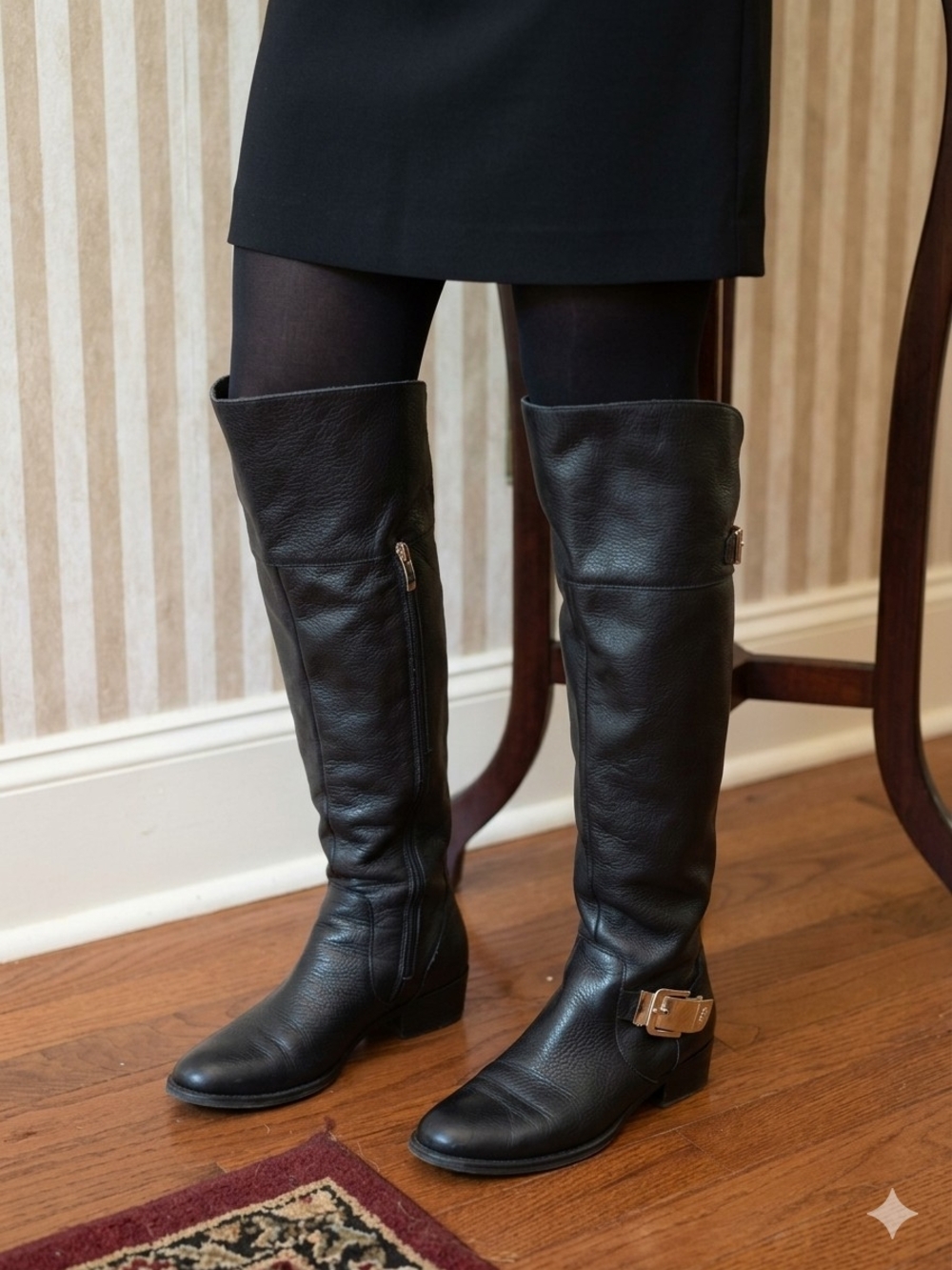 Vince Camuto Bocca Black Leather Knee High Boots Gold Buckle Hardware Size 8